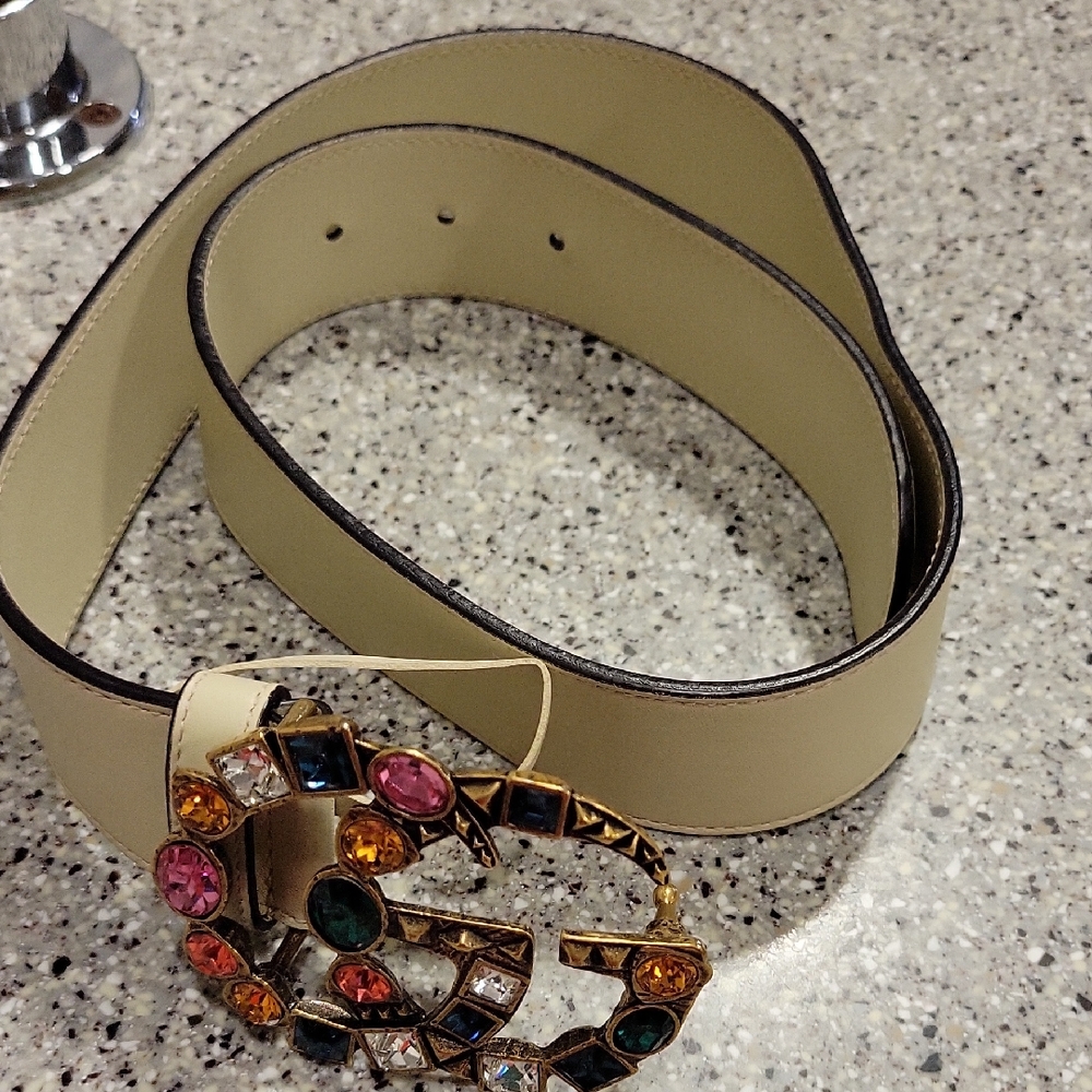 Gucci Cream Belt with Multicolor Gem Buckle